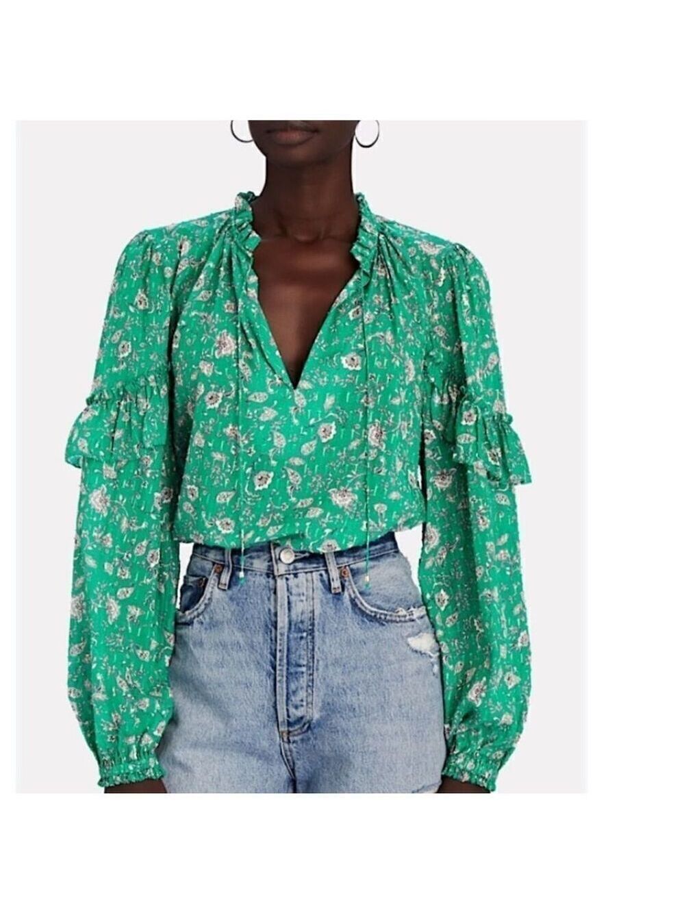 NWT Intermix Women's Floral Marika Ruffled Fil Coupé Blouse Green Size S